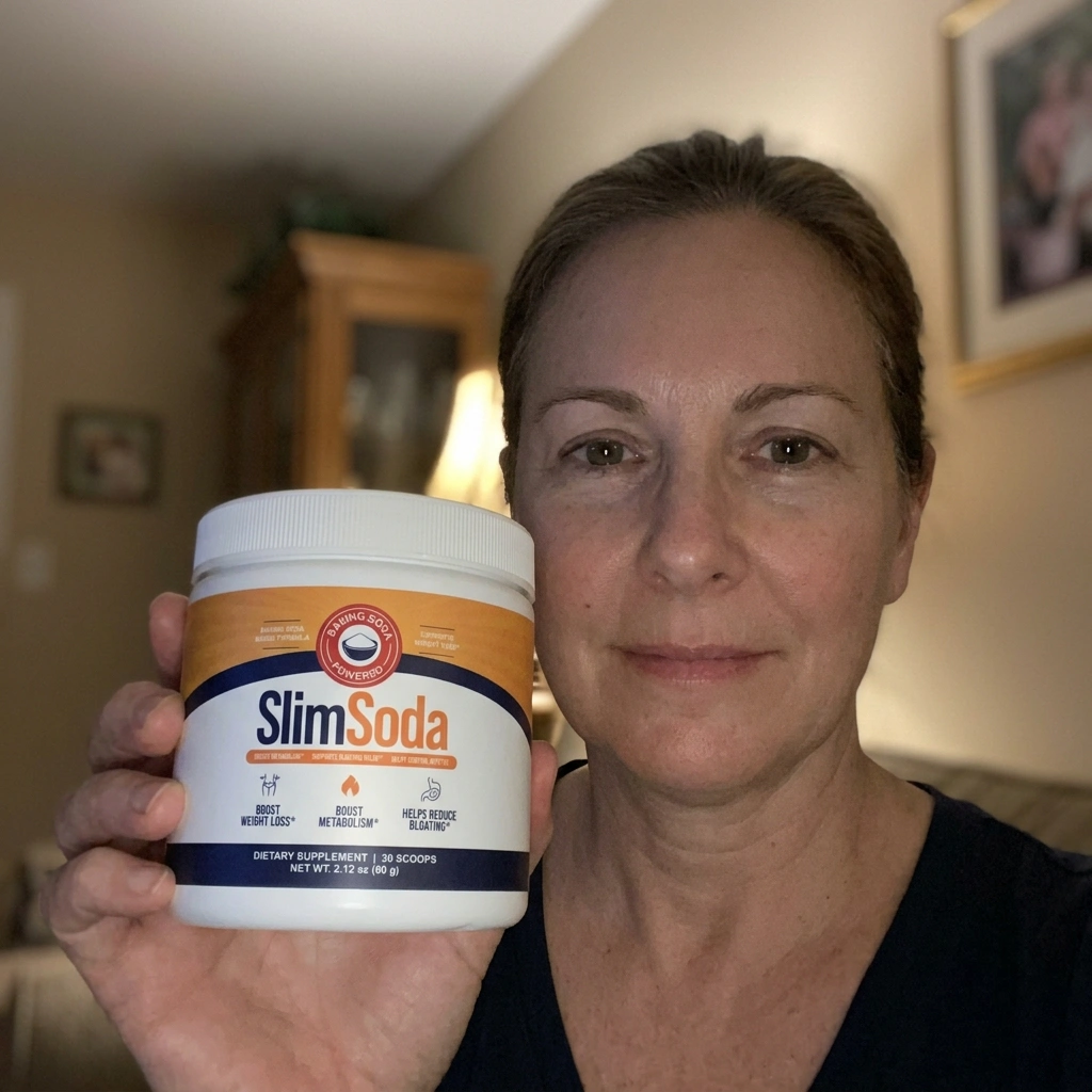 Customer holding a SlimSoda baking-soda-powered drink mix jar